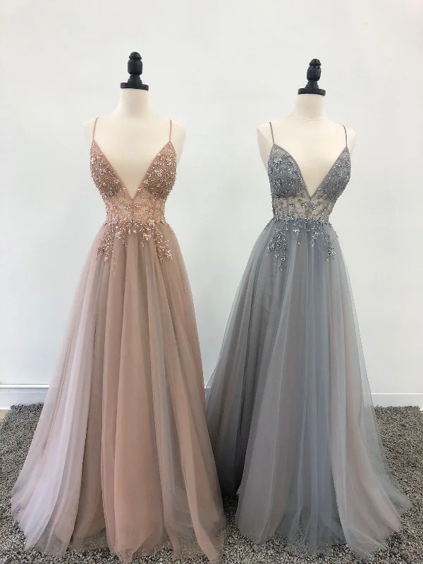 A line v neck tulle beads long prom dress,DS4544