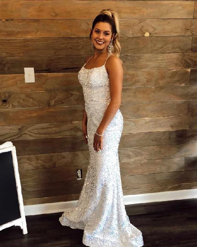 Elegant Straps Sequins White Long Prom Dress,DS4447