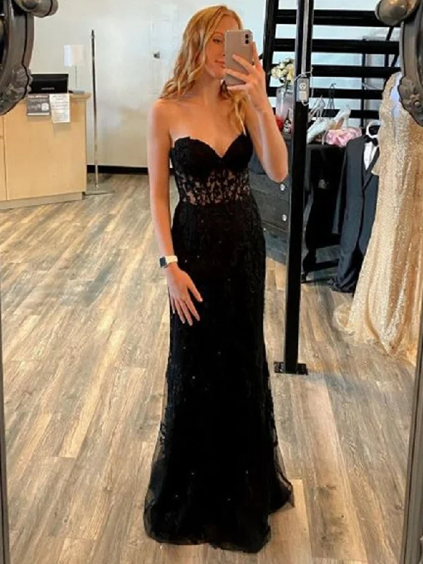 Mermaid Open Backe Black Lace Long Prom Dresses, Strapless Black Formal Dresses,DS4506