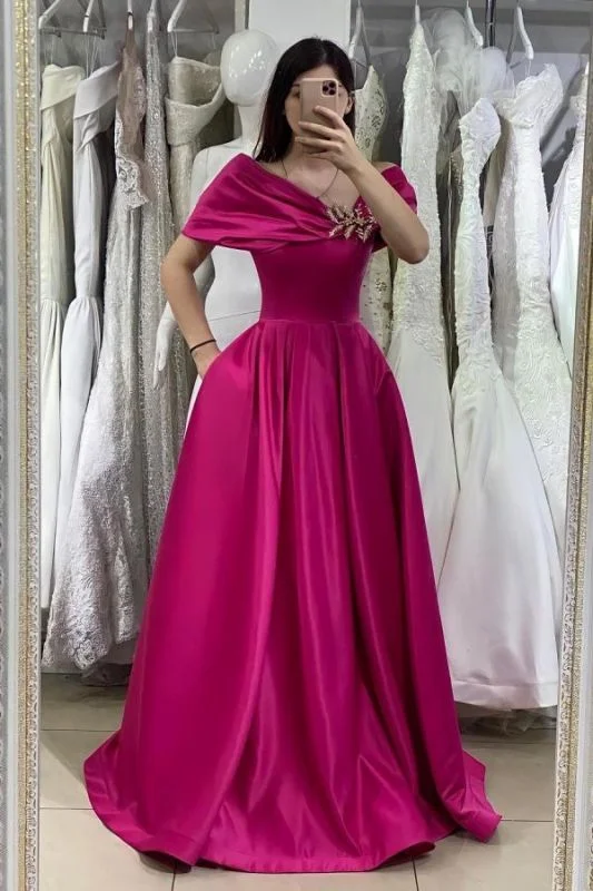 Hot Pink Off-the-Shoulder Long Evening Prom Dress Online,DS2759