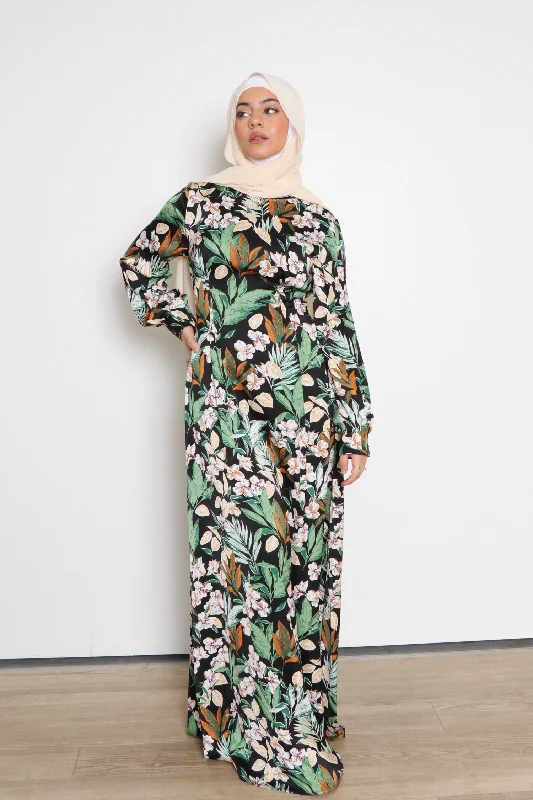 Devina Satin Floral Dress- Black