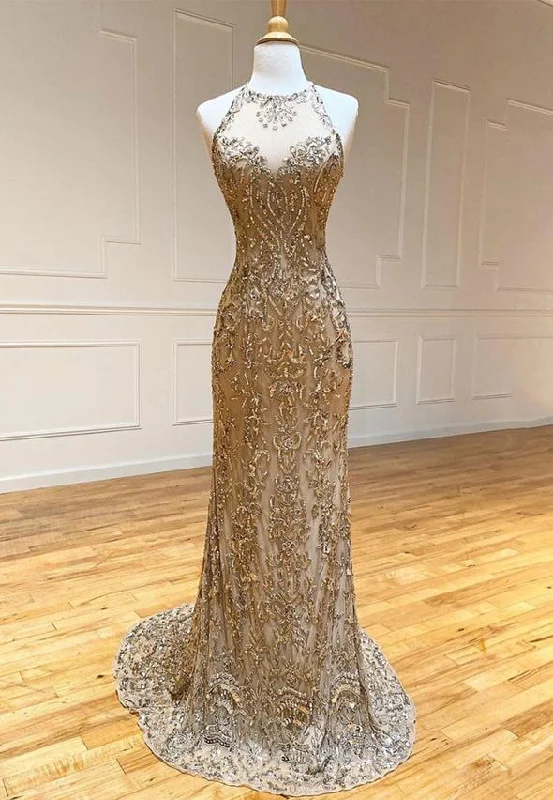 Gold sequins mermaid long prom dress ,DS3017