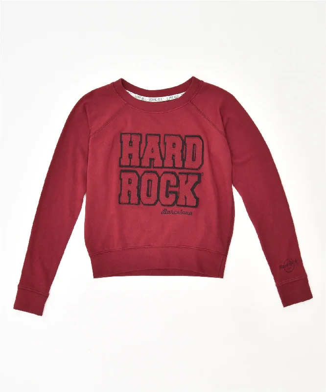 HARD ROCK CAFE Womens Graphic Sweatshirt Jumper UK 6 XS Burgundy Cotton