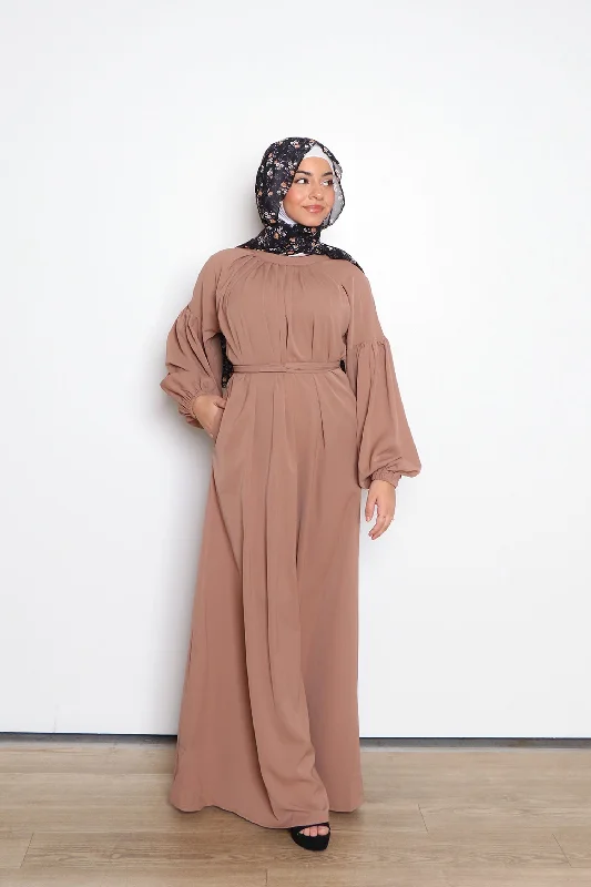 Deluxe Soft Balloon Sleeve Dress- Tan