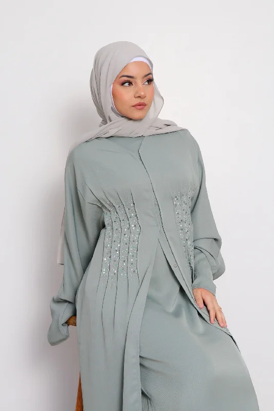 Aaira Textured Beaded Open Abaya- Mint