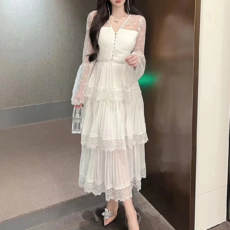 Elegant V-Neck  Flare Sleeves Long Dress