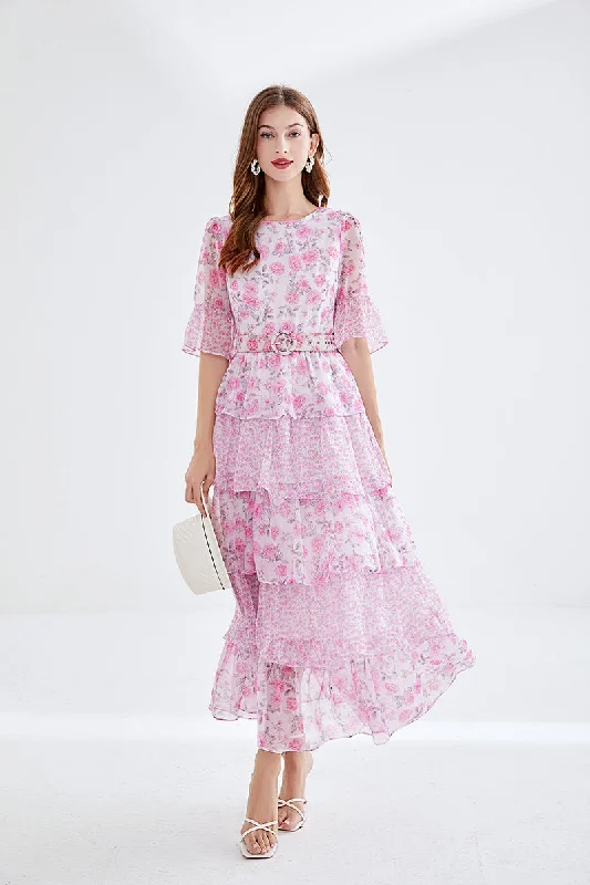 European and American high-end printed trumpet sleeves 5-layer cake dress