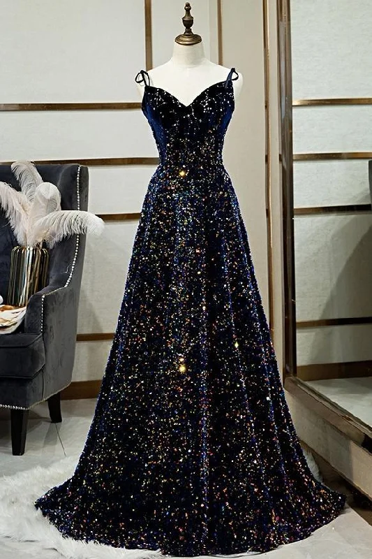 DARK BLUE SEQUIN A LINE SPAGHETTI STRAPS BLING BLING PROM DRESS,DS2947