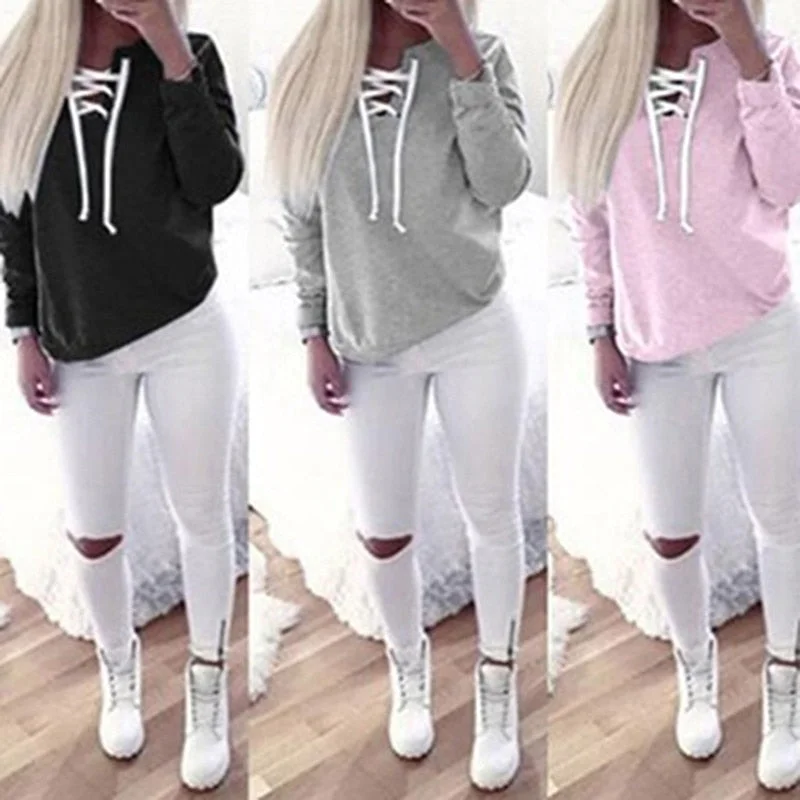 Women Fashion  Casual Sweatshirt  Solid Color Top Full Length Long Sleeve Hoodie