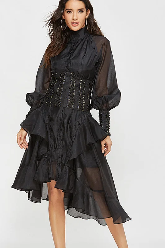 Puff Sleeve Waist Bandage Ruffle Asymmetrical Dress