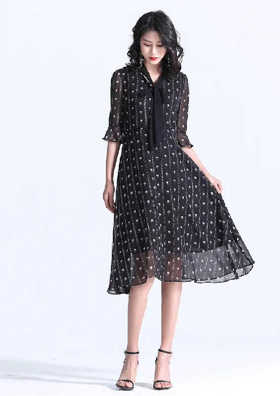 TWO PEARS-Ruffle Sleeve Tie Neck Fit & Flare Dress