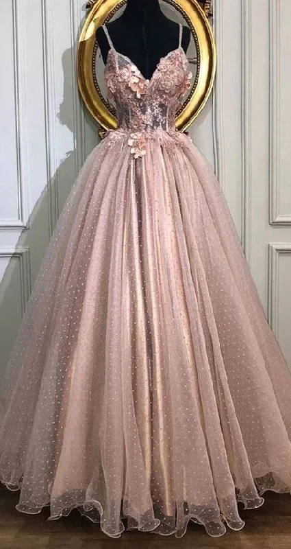 A-line V-Neck Tulle Long Prom Dresses, Pearl Pink Appliques Formal Evening Dress,DS4554