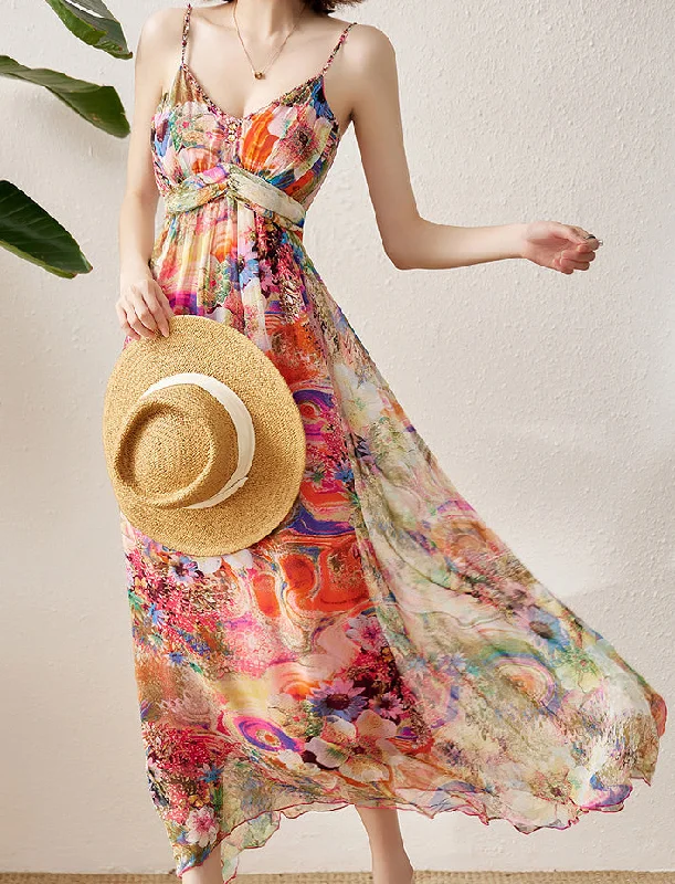 Silk Dress Floral Print Spaghetti Strap Dress