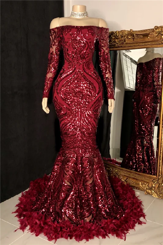 Gorgeous Burgundy Long Sleeves Sequins Prom Dress Mermaid Party Gowns With Feather,DS4671