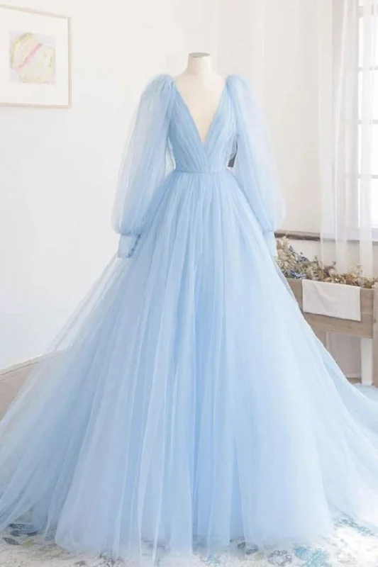 Cute v neck tulle long A line prom dress evening dress,DS4092