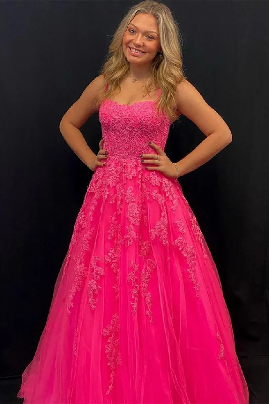 Open Back Hot Pink Lace Long Prom Dress with Appliques, Hot Pink Lace Formal Graduation Evening Dress,DS4596