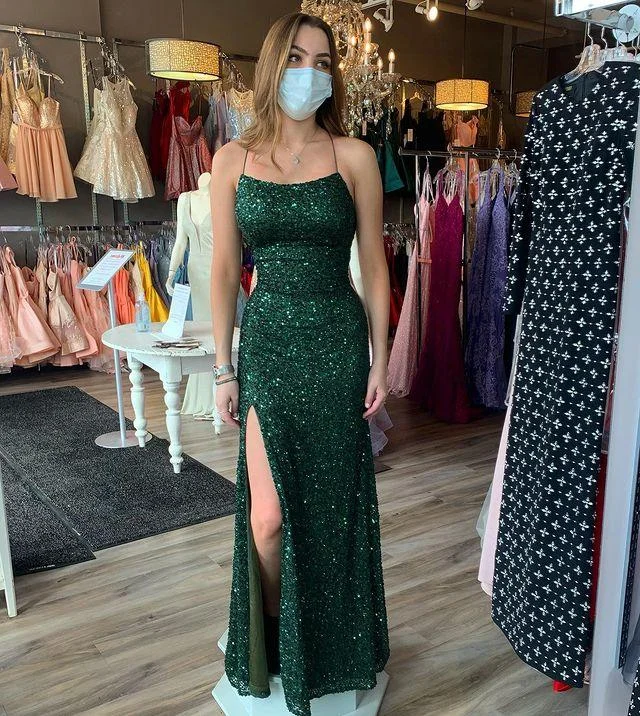 Sparkly Sheath Scoop Neck Dark Green Sequins Prom Dresses, Split Evening Dress,DS4549