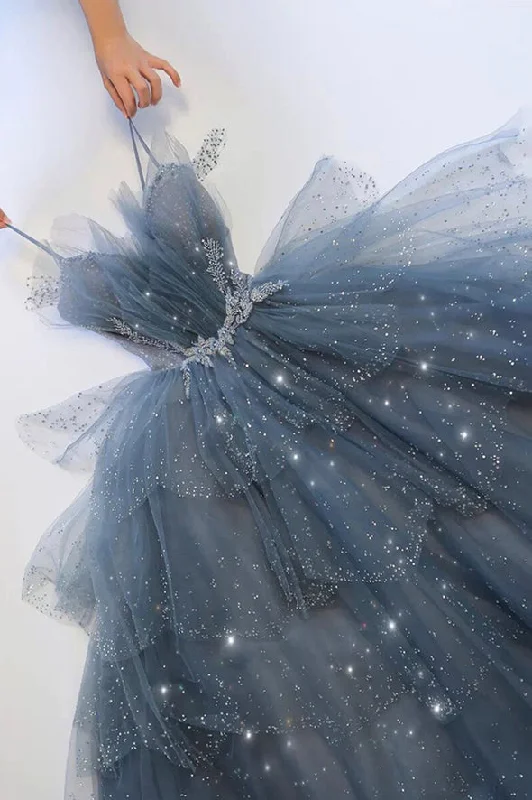 Blue tulle sequins long ball gown formal dress long prom dress,DS4513