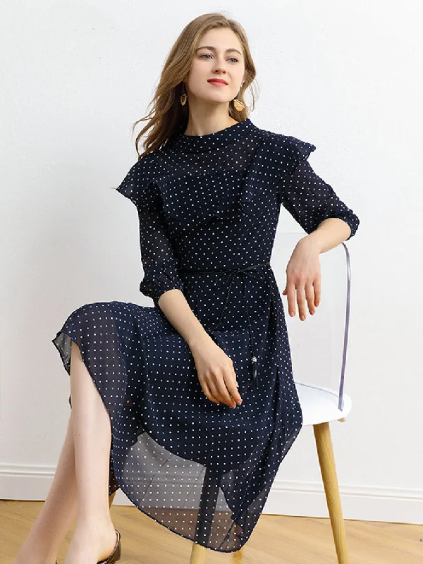 SCANDINAVIA-Long Sleeve Waist Belted Dot Print Fit & Flare Dress