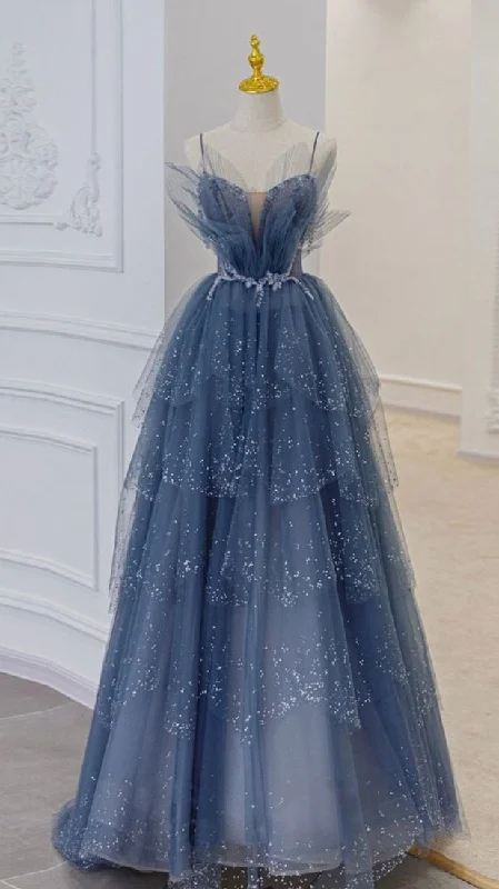 blue tulle sequin long prom dress,DS4365