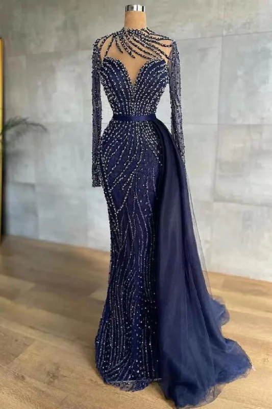 Stylish High Neck Navy Mermaid Evening Dress with Detachable Tulle Train Crystals Beads Long Prom Dress,F04833