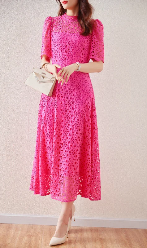 Lace Embordered Short Sleeve Hollow Out Elegant Midi Dress