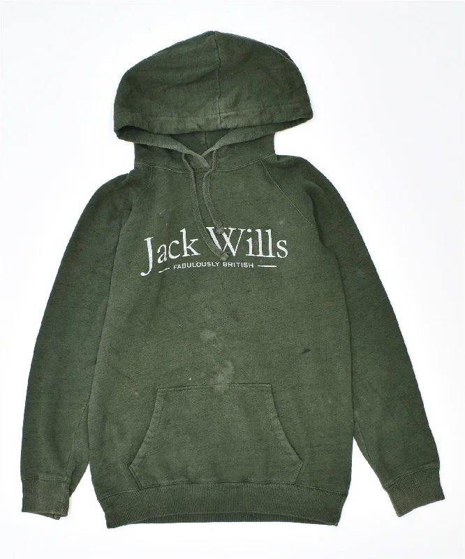 JACK WILLS Womens Graphic Hoodie Jumper UK 6 XS Green Cotton