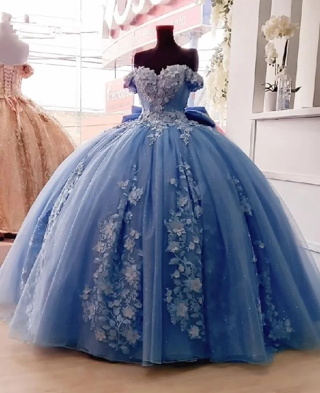 Blue Quinceanera Dresses Ball Gown Appliques Formal Kids Prom Party Dress,DS4597