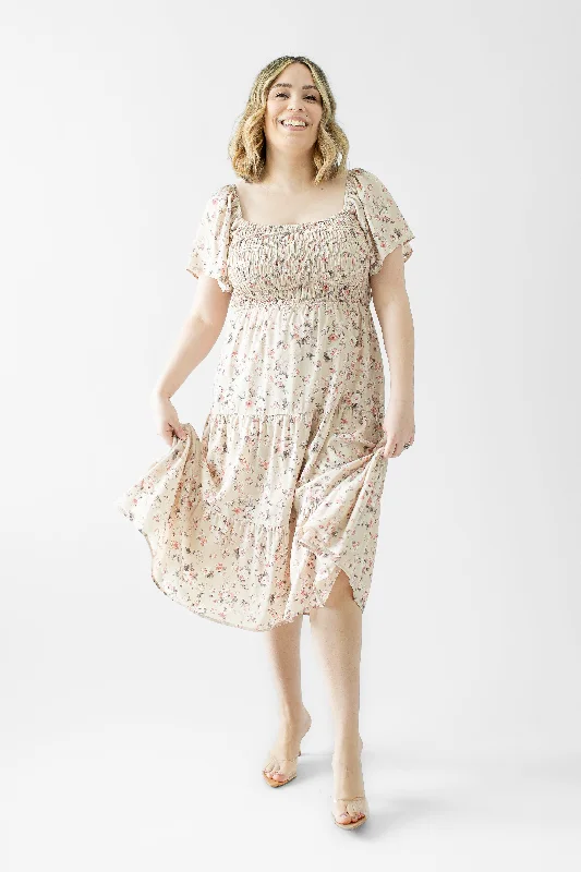 Adella Smocked Floral Midi Dress in Taupe (FINAL SALE)