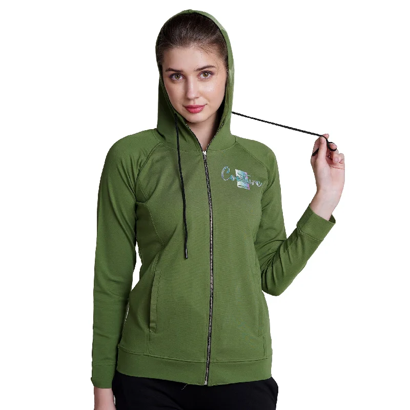 Green Long Sleeve Zip-through Hoodie For Women