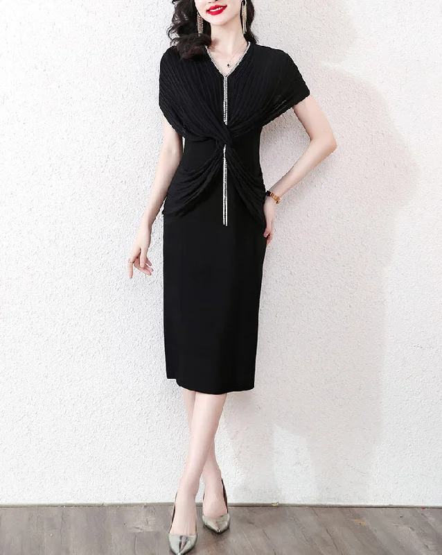 Elegant Women Slim Pleated V-Neck Dress