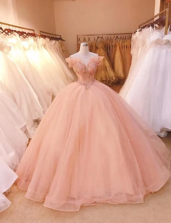 Off The Shoulder Pink Tulle Prom Dress,DS4359