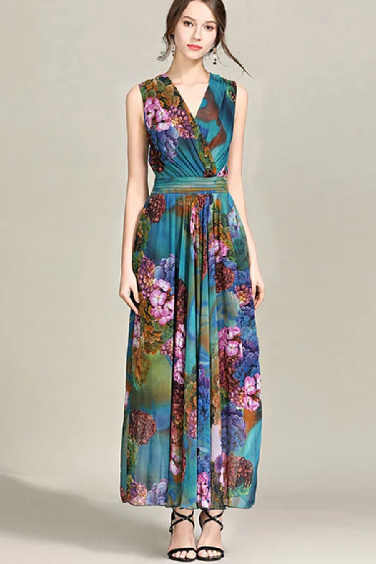 SLEEVELESS FLORAL SURPLICE DRESS