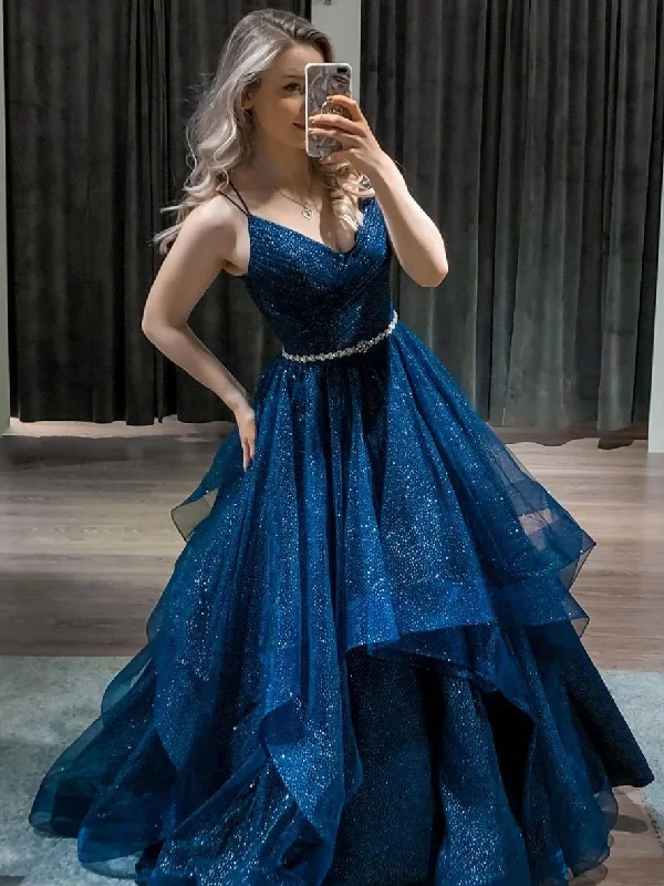 Blue v neck tulle sequin long prom dress blue formal dress,DS4457