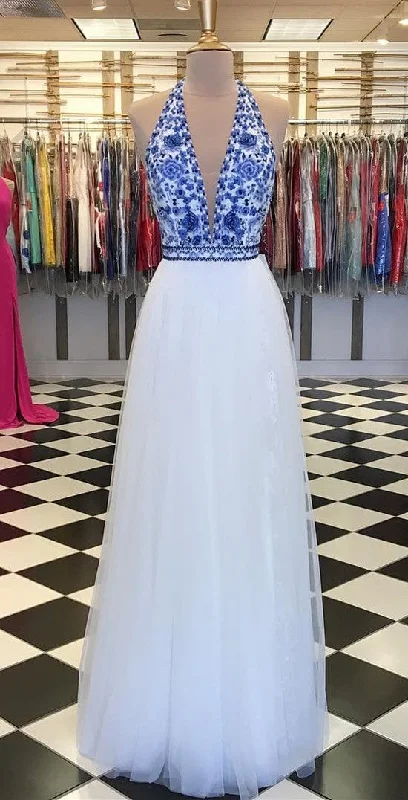 Elegant Halter White Long Prom Dress with Blue Embroidery Top,DS4196