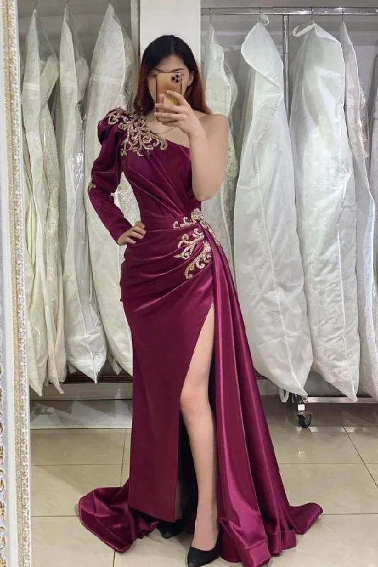 Amazing One Shoulder Long Sleeve Prom Dress Mermaid Slit Appliques,DS3244