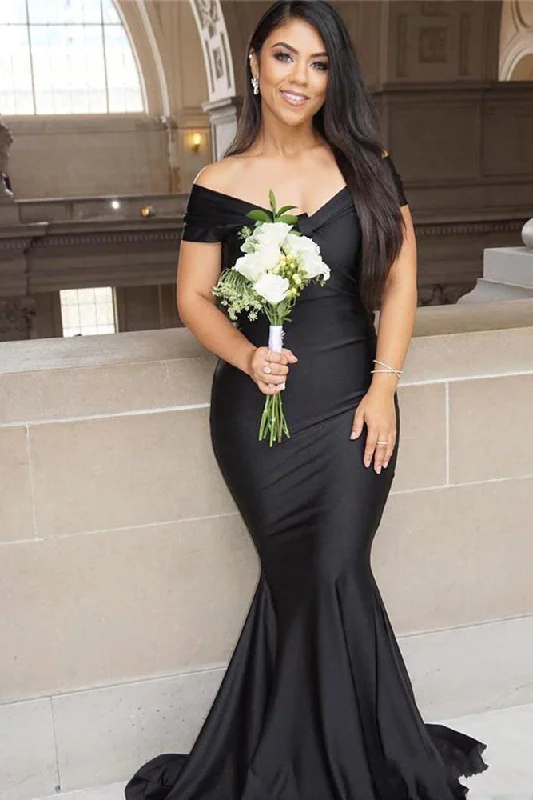 Black Off-the-shoulder Floor-length Backless Mermaid Prom Dress,F04794