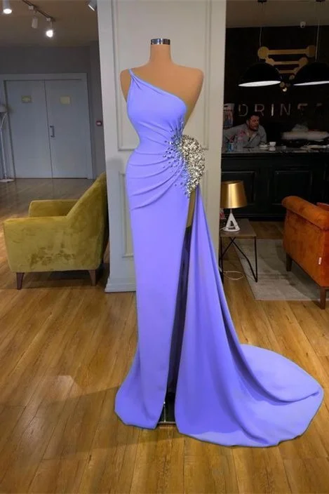 Elegant One Shoulder Long Prom Dress Mermaid With Beads Slit,DS4664