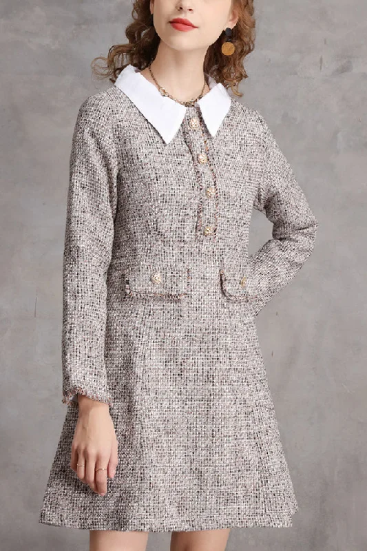 Long Sleeve Button Front Tweed A-line Dress