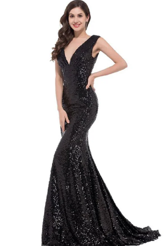 SLEEVELESS DEEP V-NECK SEQUIN FISHTAIL FORMAL DRESS