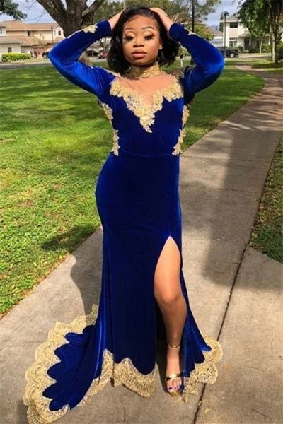 Modern Royal Blue Long Sleeves Prom Dress Mermaid Slit With Gold Appliques,DS4653