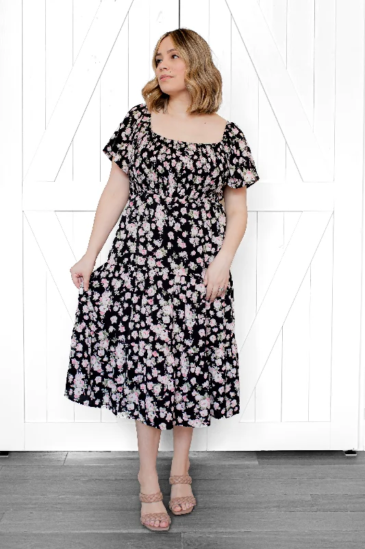 Adella Smocked Floral Midi Dress in Black (FINAL SALE)