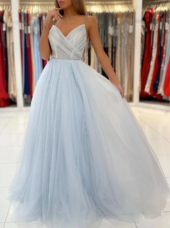 LIGHT BLUE TULLE LONG PROM DRESS, BLUE TULLE FORMAL DRESS,F04753