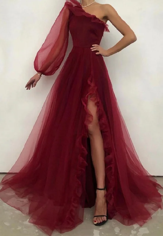 Burgundy tulle prom dress one shoulder evening dress,DS4408