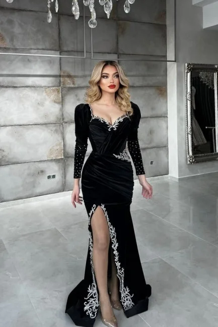 Sexy Black Sequined Column Appliques Long Sleeves Split Front Floor-length Prom Dresses,F04835