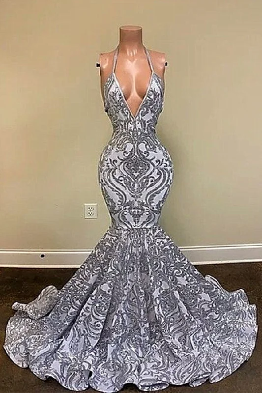 Gorgeous Silver Spaghetti Straps V-neck Appliques Lace Mermaid Prom Dresses,F04834