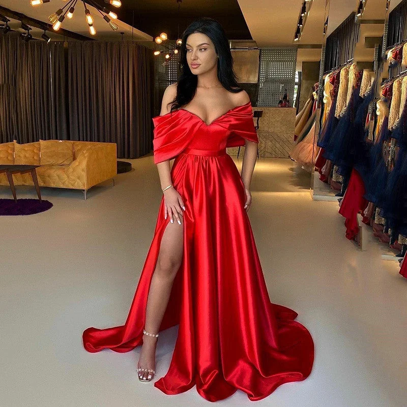 Formal Party Dresses Women Evening 2022 Off Shoulder Ruched Side Split Long Prom Gowns Zipper Back Special Banquet Wear,LW056