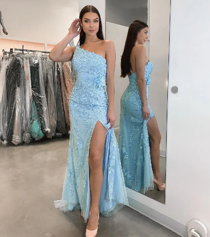 Blue One Shoulder Tight Long Prom Dress,DS3137