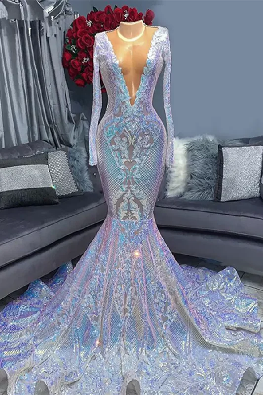 Gorgeous Long Sleeves Sequins Mermaid Prom Dress V-Neck,F04839