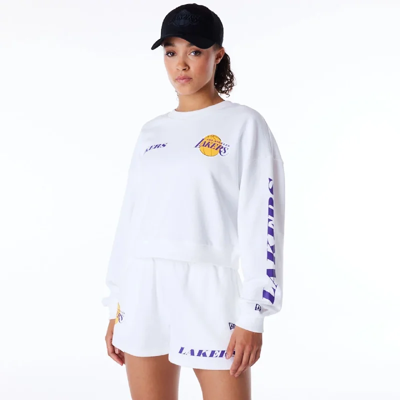 LA Lakers Womens NBA Wordmark White Crop Crew Neck Sweatshirt